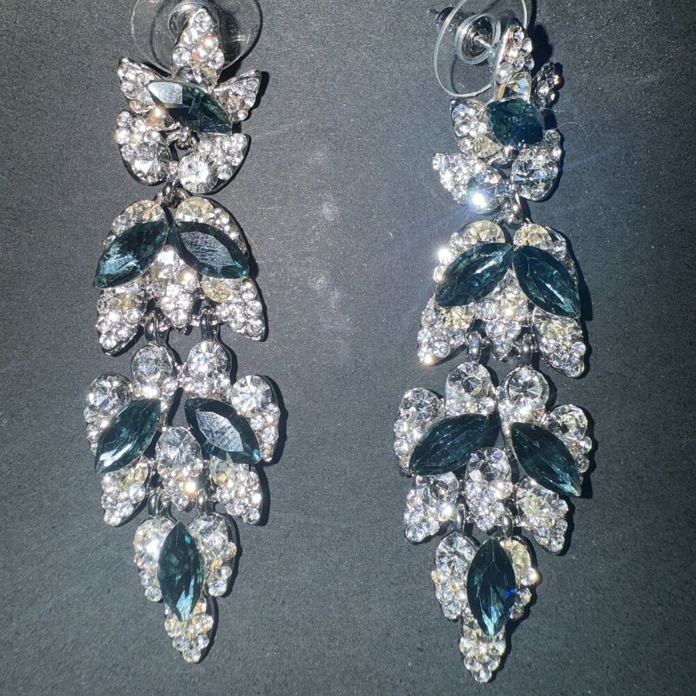 Long Wedding Earrings - Navy Blue and Crystal Stones